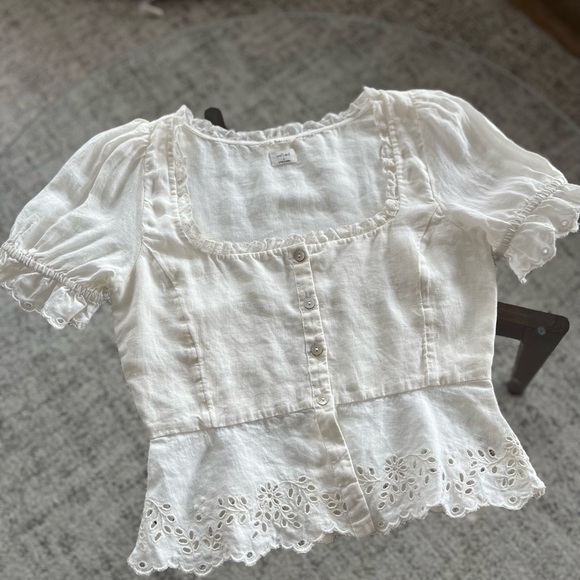 Aritzia Wilfred Arwen White Linen Embroidered New Peplum Summer Blouse Sz 2 - Picture 6 of 11
